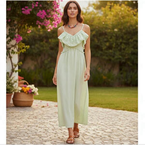 ZARA Mint Green Eyelet Maxi Dress Sz M Coastal Cottagecore Boho Romantic